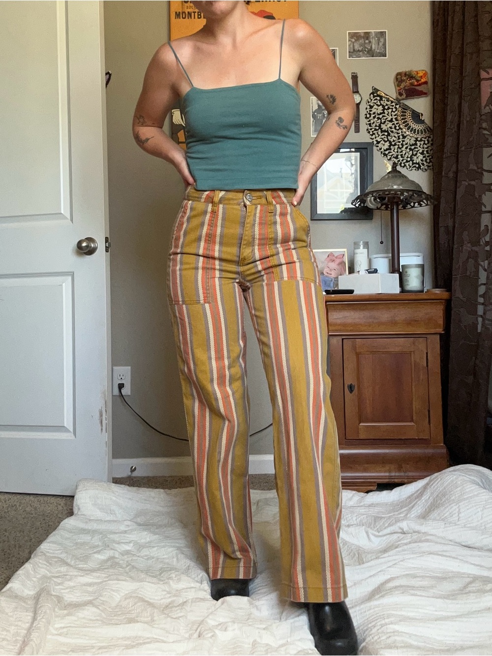 Striped High-Rise Wide-Leg Pants - Mustard Multi